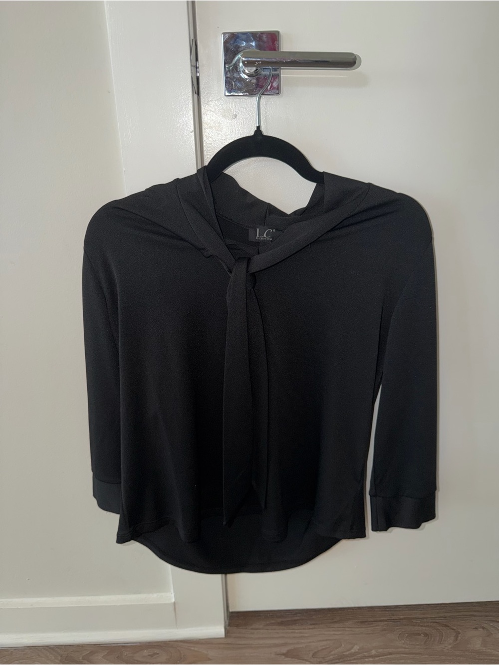 Black Tie-Neck Blouse with Three-Quarter Sleeves